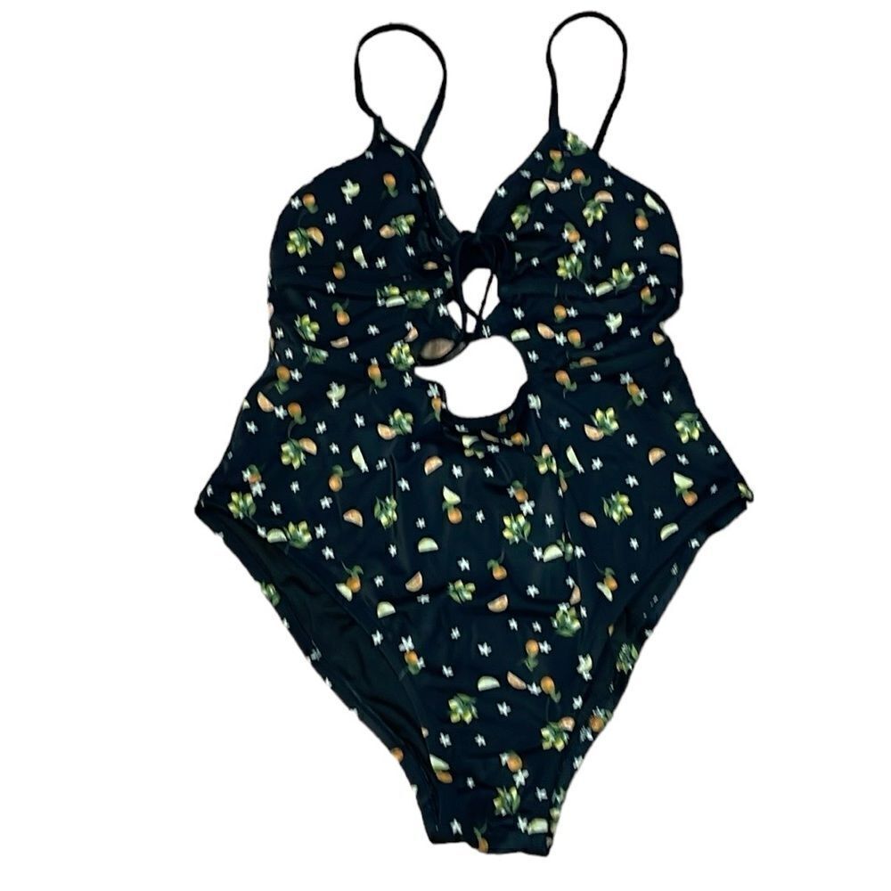 PINK Swimsuit, black, oranges, lemons, blossoms, One Piece, Strappy, sexy, Large